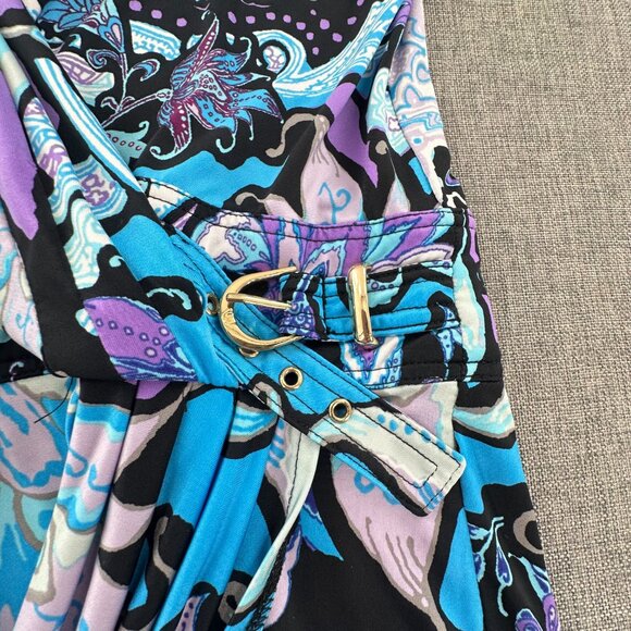 Cache Ruched Wrap Dress Sz 14 Knee Length Purple Blue Black Floral Paisley - Picture 5 of 10